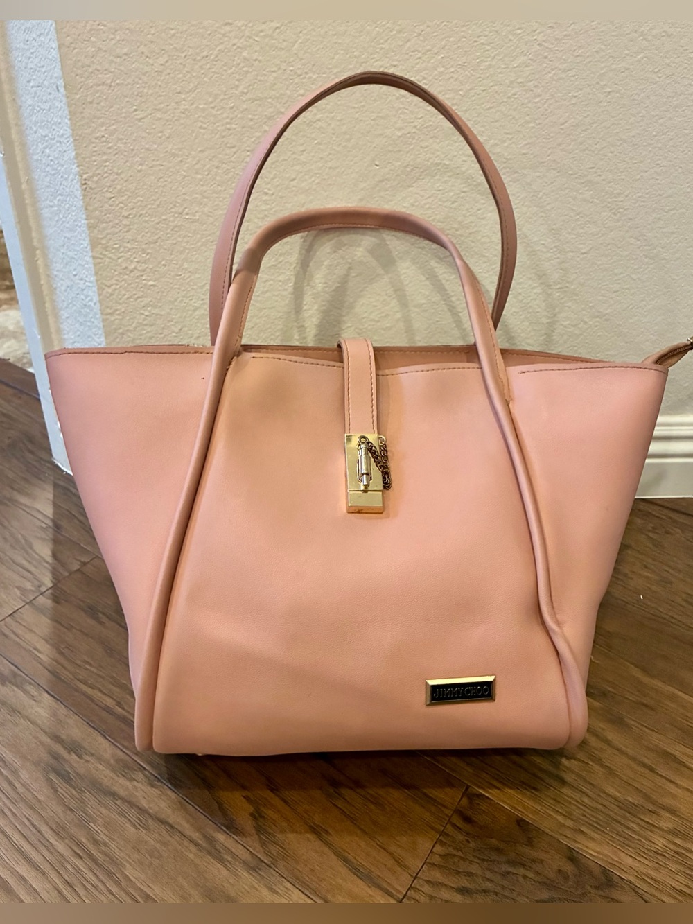 Jimmy Choo Nude Pink Vegan Leather Bardia Buckle Shoulder Bag Tote Purse Gold